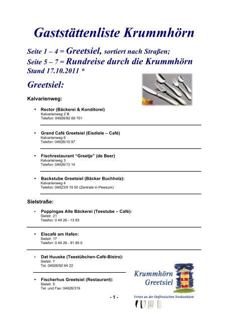 Gaststattenliste Krummhorn Seite 1 4 Greetsiel Sortiert Nach