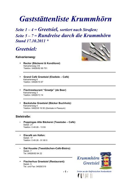 Gaststättenliste Krummhörn Seite 1 – 4 = Greetsiel, sortiert nach ...