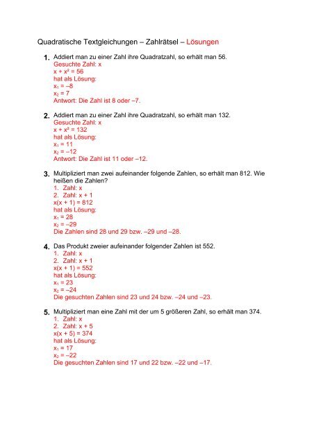 Quadratische Textgleichungen â ZahlrÃ¤tsel - LÃ¶sungen