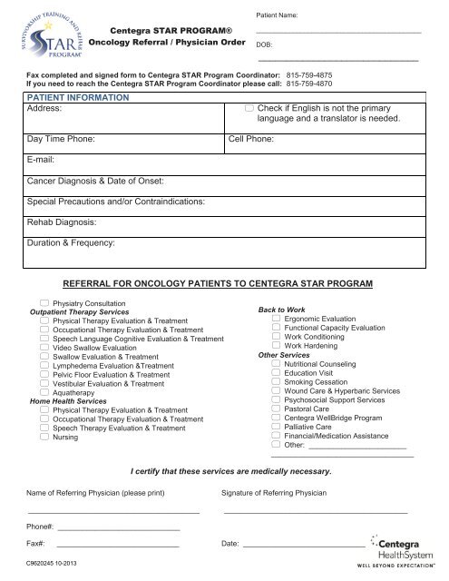 Oncology Referral/Physician Form (pdf) - Centegra Health System