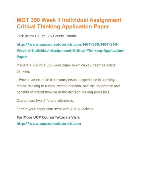 Critical thinking application paper mgt 350