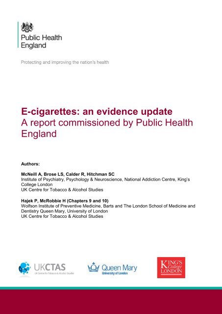 E-cigarettes an evidence update A report commissioned by Public Health  England