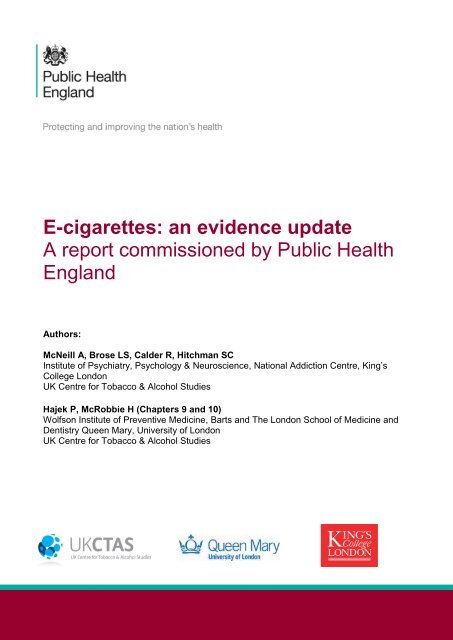 E-cigarettes an evidence update A report commissioned by Public Health England