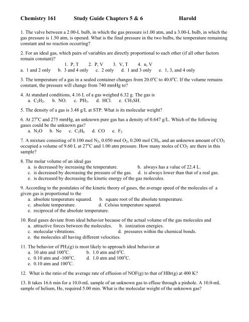 Chemistry 161 Study Guide Chapters 5 & 6 Harold