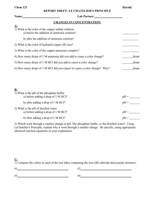 REPORT SHEET: LE CHATELIER'S PRINCIPLE - Library