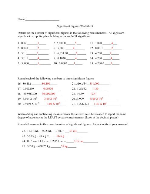 Calculations Using Significant Figures Worksheet