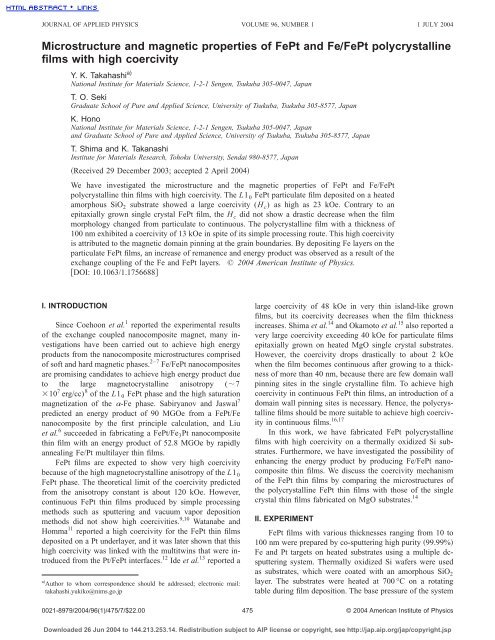 Microstructure and magnetic properties of FePt and Fe/FePt ...