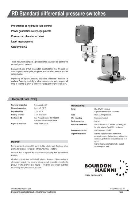 Type Rda Line Switch RD Standard differential pressure switches