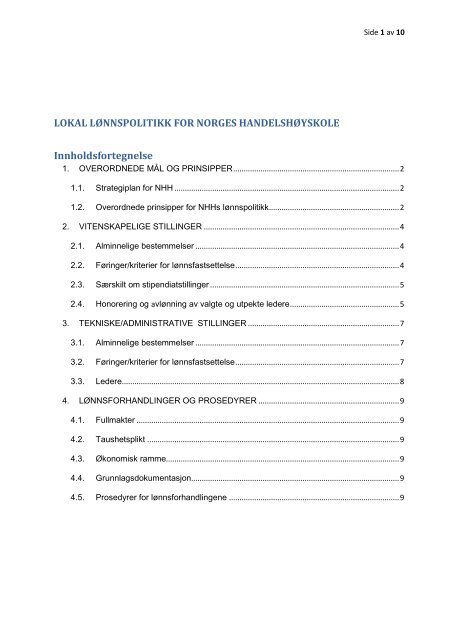 LOKAL LØNNSPOLITIKK FOR NORGES HANDELSHØYSKOLE Innholdsfortegnelse
