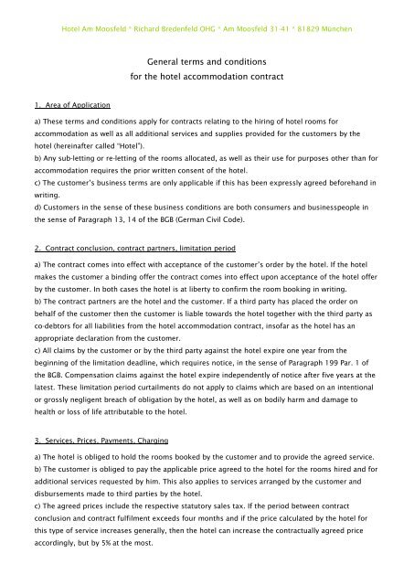 General terms and conditions for the hotel accommodation contract