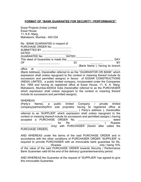 Format Of A œbank Guarantee For Security Essar