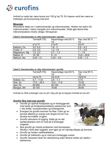 Analyse av næringsinnholdet i grovfôr til hest