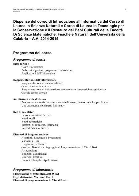 Dispensa 1 (pdf) - Dipartimento di Matematica - UniversitÃ della ...