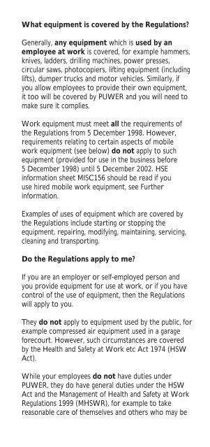 PROVISION AND USE OF WORK EQUIPMENT REGULATIONS 1998