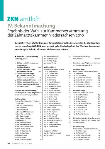 IV. Bekanntmachung - Zahnärztekammer Niedersachsen