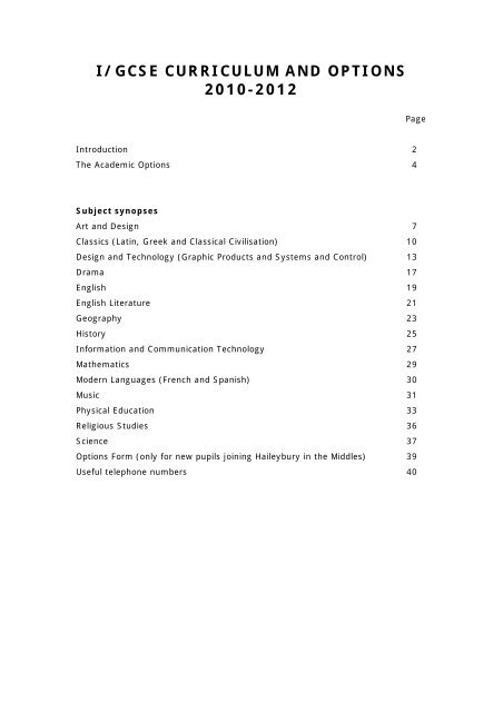I Gcse Curriculum And Options 10 12 I Gcse Curriculum And Options 10 12