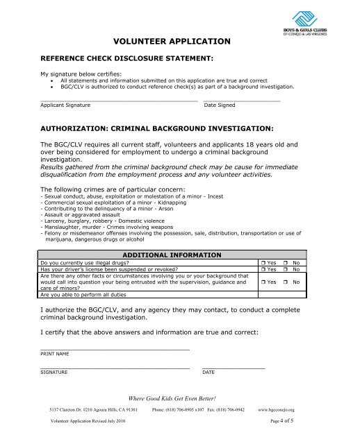 Volunteer Application Form. - Boys & Girls Clubs