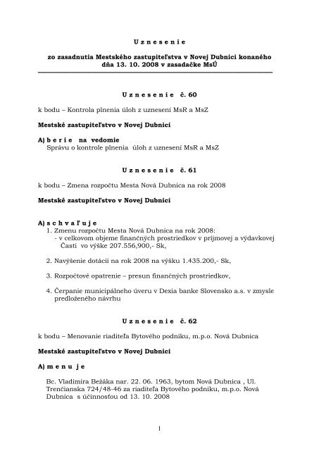 Uznesenie - Mesto Nová Dubnica