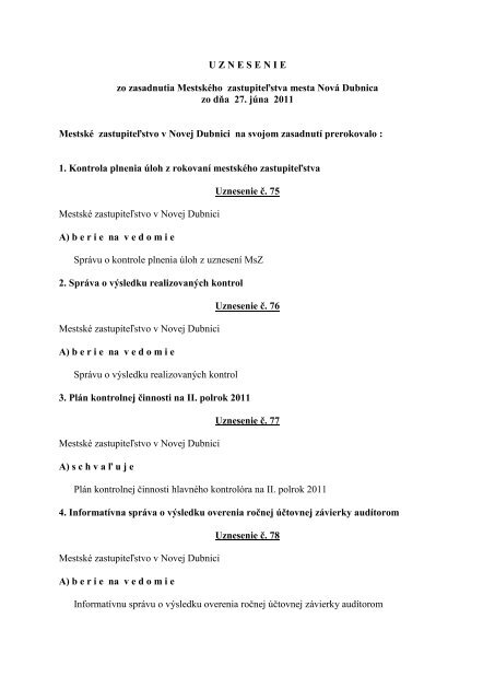 Uznesenie - Mesto Nová Dubnica