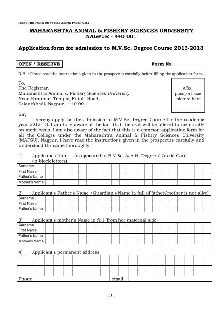 440 001 Application form for admission to MVSc. Degree Course 20