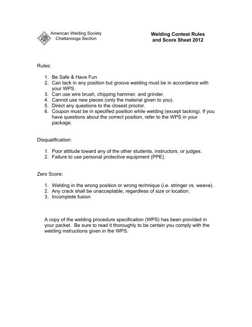 Welding Contest Rules and Score Sheet 2012 ... - Awssection.org