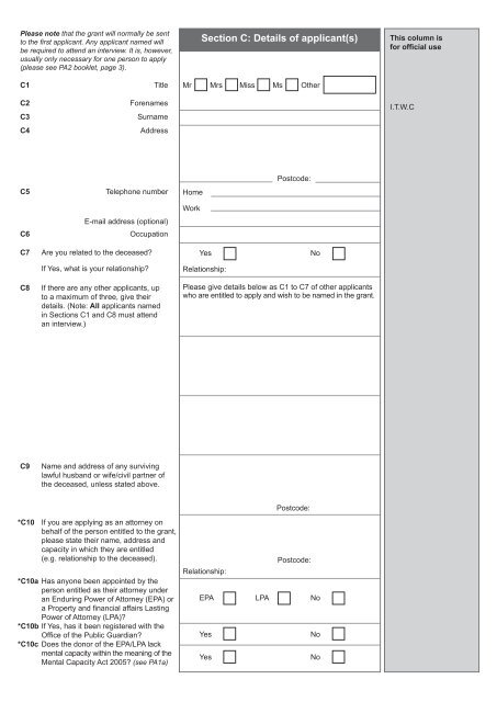 Probate Application Form - PA1