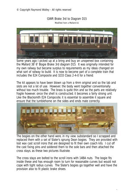 GWR Brake 3rd to Diagram D15 Some years ago I picked up at a