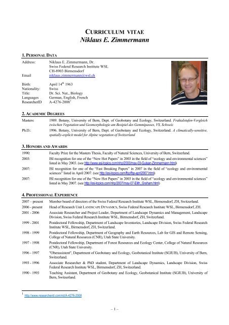 CURRICULUM VITAE Niklaus E. Zimmermann - WSL