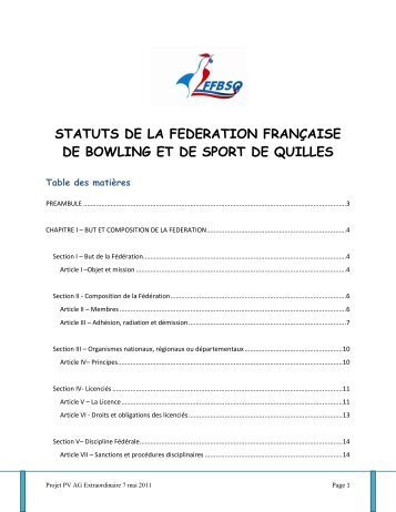 statuts de la federation franÃ§aise de bowling et de sport de quilles