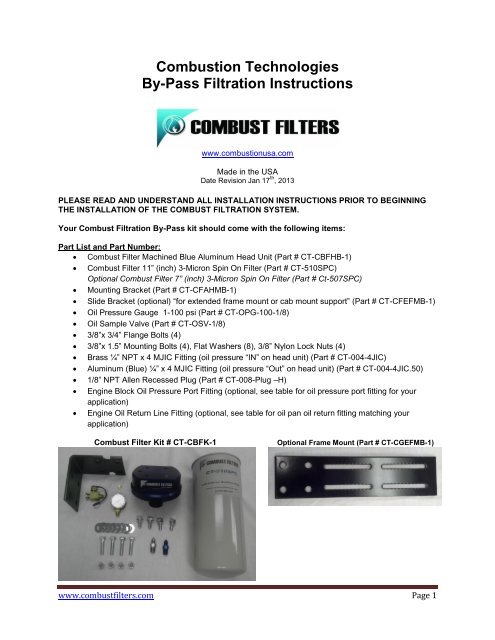 Combustion Technologies By-Pass Filtration Instructions