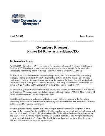 Owensboro Riverport Names Ed Riney as President/CEO