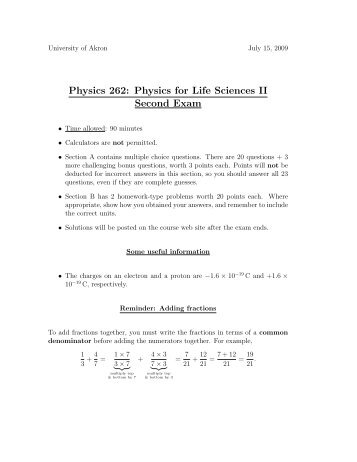 Physics 262 Physics for Life Sciences II Second Exam