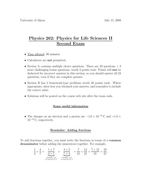 Physics 262 Physics for Life Sciences II Second Exam