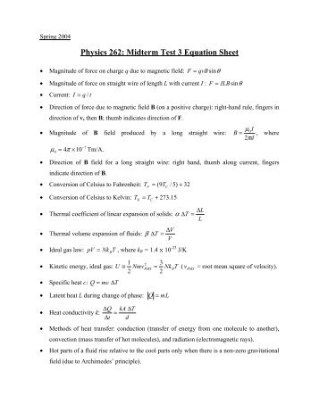 Physics 262: Midterm Test 3 Equation Sheet