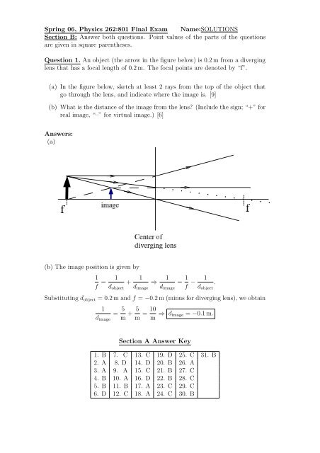 Spring 06, Physics 262:801 Final Exam Name:SOLUTIONS Section B