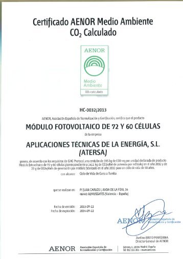 Certificado AENOR Medio Ambiente - Atersa