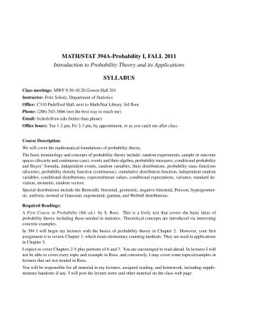 MATH/STAT 394A-Probability I, FALL 2011 Introduction to - Statistics