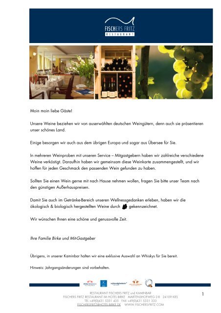 Weinkarte 2012 - Hotel Birke Kiel