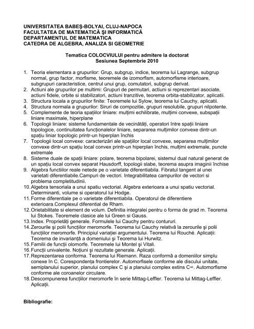 Universitatea Babes Bolyai Cluj Napoca Facultatea De MatematicÄƒ Si