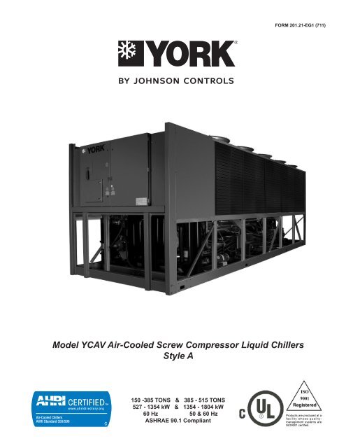 Model YCAV Air-Cooled Screw Compressor Liquid Chillers Style A