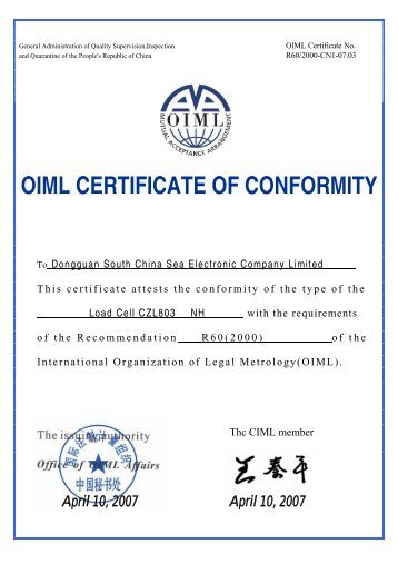 OIML CERTIFICATE OF CONFORMITY