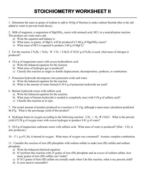 STOICHIOMETRY WORKSHEET II