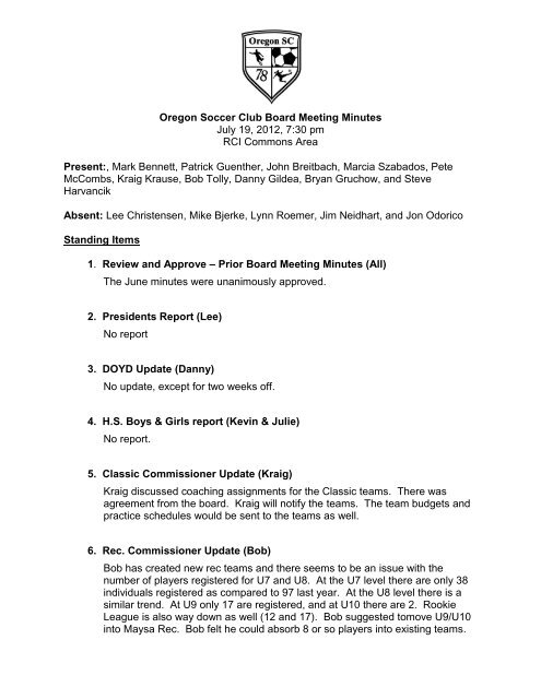 Draft Meeting Agenda - Oregon Soccer Club