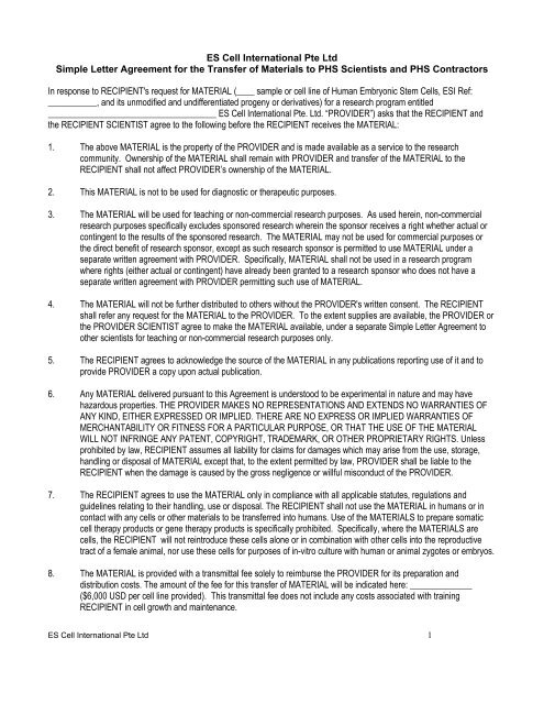 Simple Letter Agreement - Stem Cell Information