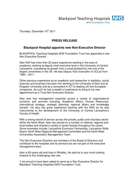 PRESS RELEASE Blackpool Hospital appoints new Non-Executive Director
