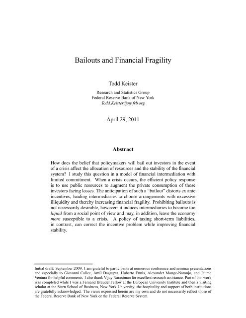 Financial Fragility Bailouts and Financial Fragility