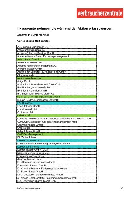 Inkassounternehmen, die während der Aktion erfasst wurden - vzbv