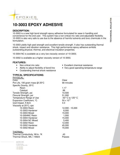 10-3003 EPOXY ADHESIVE - Epoxies, Etc.