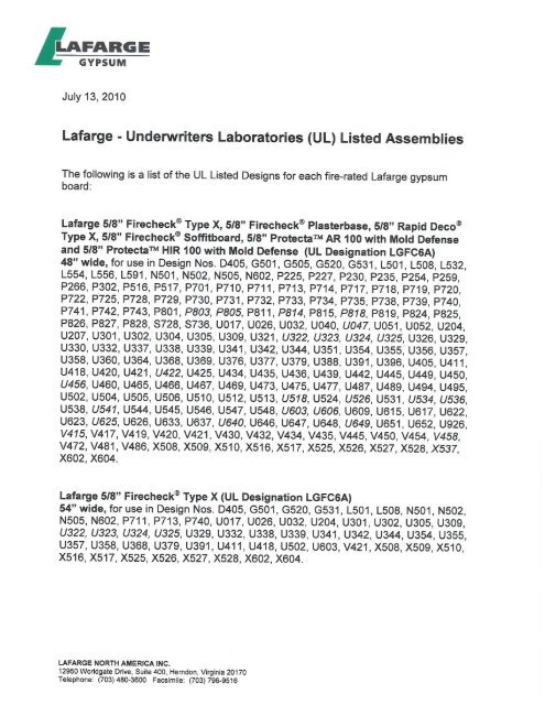 Lafarge Gypsum UL Listed Designs