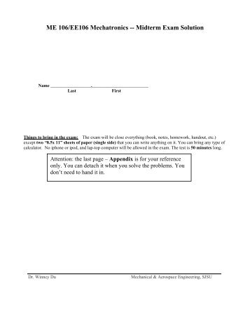 ME 106/EE106 Mechatronics -- Midterm Exam Solution